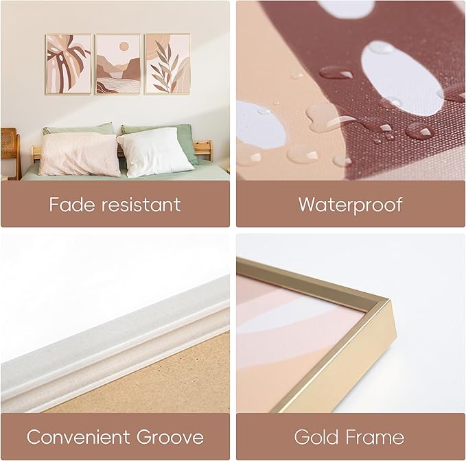 ArtbyHannah Boho Canvas Wall Art, 12x16 Inch Modern Gold Framed Neutral Wall Decor with Sun & Mountains Botanical Print for Living Room Bedroom Office Decorations (3 Piece)