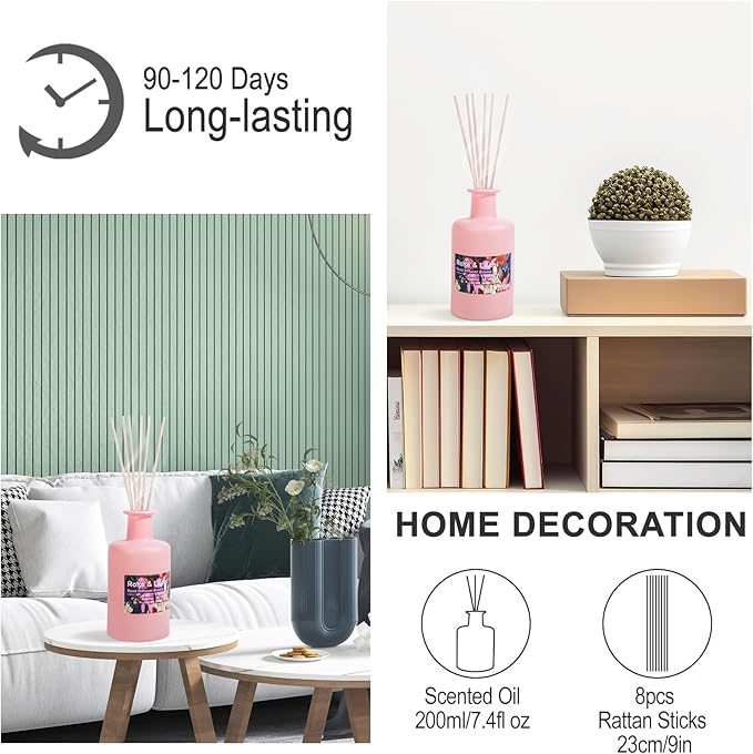 Reed Diffuser Set - Rose & Litchi Essential Oil, 6.8fl oz/200ml Sweet Floral Aroma Scented Oil, Large Capacity Color Bottle, Home Aromatherapy for Bedroom Bathroom Office Shelf Decor