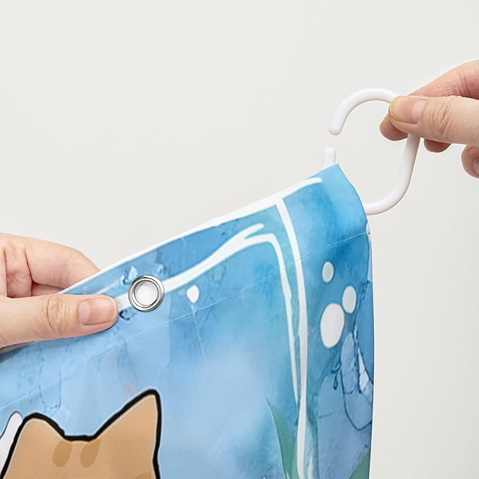 AILONEN Watercolor Cat Shower Curtain for Bathroom, Cute Cat Princess Shell Waterproof Bath Curtain,Cat Lover Minimalist White Curtain with 12 Plastic Hooks(36" W*72" H)