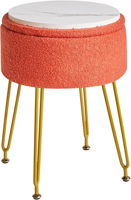 IBUYKE Teddy Velvet Storage Footrest Stool Ottoman, Makeup Vanity Stool Side Table with Removable Cover, Golden Steel Legs, Coffee Table Top Cover, Orange WBD010J