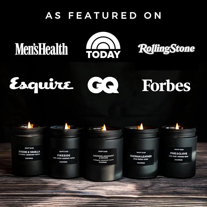 Craft & Kin Premium Oakwood, Mahogany & Vetiver Candle | Black Spring Scented Candles for Men | Long Lasting with 45 Hour Burn Time, 7.6oz | Made with Soy | Aromatherapy at Home | Gifts for Men