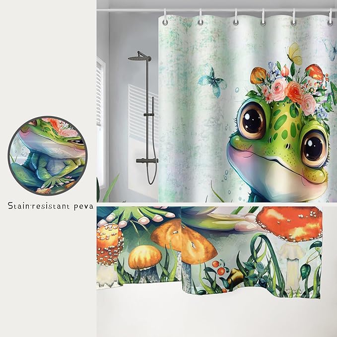 AILONEN Cute Frog Shower Curtain Cartoon Animal Wildlife Frog Cartoon Mushroom Minimalist Modern Art Retro Green Shower Curtain Bathroom Decor Curtains with 12 Hooks 60" W*72" H