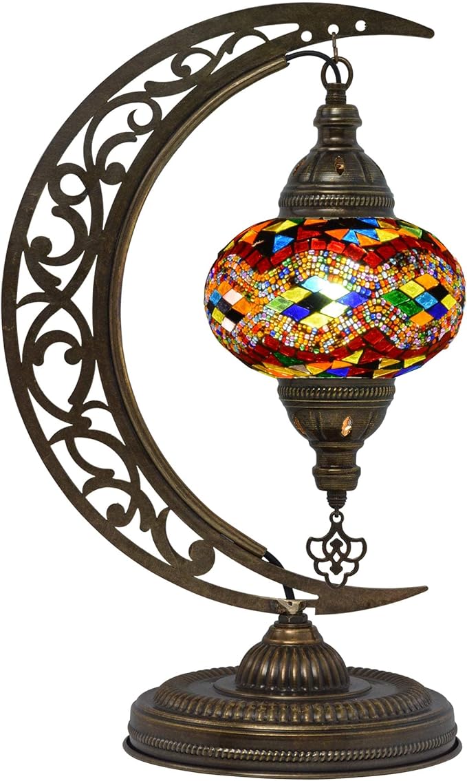 mozaist Unique Moon Shaped Mosaic Table Lamp - Moroccan Handmade Antique Bohemian Vintage Tiffany Stained Glass Lamp with US Plug and E12 Socket