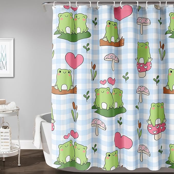 AILONEN Kawaii Frog Shower Curtain,Cute Cartoon Mushroom Frog Bath Curtain,Romantic Frog Couple Hearts Printed Waterproof Blue Stripe Curtain, 72" W x 78" H