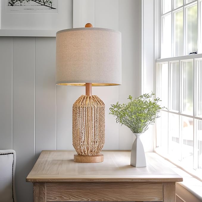 OYEARS 21" Boho Table Lamps Set of 2 for Living Room, Bedside Lamps for Nightstand, Rattan Lamp for Bedroom, Farmhouse Table Lamps for Boho Decor, End Table, Retro, Brown