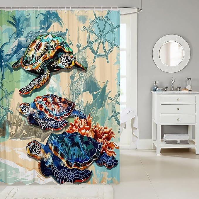 Feelyou Sea Turtle Shower Curtain Compass Fabric Shower Curtain for Kids Boys Girls Nautical Bathroom Waterproof Accessories with 12 Hooks Ocean Sea Adventure Curtains,72x78 Inches
