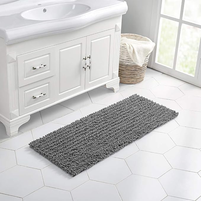 Walensee Large Bathroom Rug Non Slip Bath Mat (24x60 Inch Gery) Water Absorbent Super Soft Shaggy Chenille Machine Washable Dry Extra Thick Perfect Absorbant Best Plush Carpet for Shower Floor