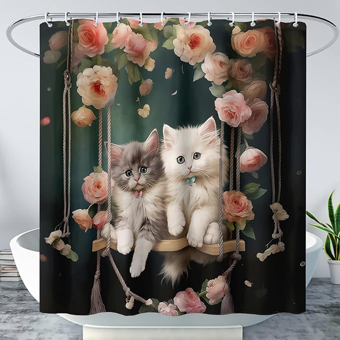 AILONEN Cartoon Beautiful Cat Shower Curtain, Kawaii Kittens with Flower Shower Curtain for Bathroom Decor,Cat Lovers Animal Waterproof Shower Curtains Sets with Hooks,72" W*84" H