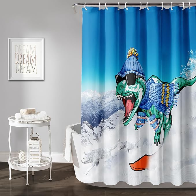 AILONEN Dinosaur Shower Curtain for Boys,Snow Wolf Shower Curtain, 72" W*84" H Waterproof Dino and Wolf Animals Themed Decor Bathroom with Grommets and Hooks