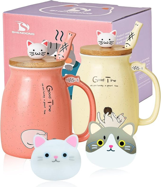SHENDONG 2 Pack Cat Mugs Cute Ceramic Coffee Cups Set of 2 with Kawaii Bamboo Lid and Spoon Novelty Morning Cup Coffee Milk Tea Mugs - 3D Animal Cat Mugs for Cat Lovers Women Gifts(Red and Yellow)