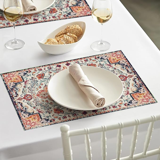 Artoid Mode Boho Vinyl Placemats Set of 4, Washable Non-Slip Woven Plastic PVC Table Mats for Party Kitchen Dining Decor, 12x18 Inch