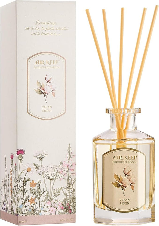 Airkeep Reed Diffuser Set-6.09 oz (180ml) Clean Linen Lemon Bergamot Scented Diffuser with 8 Reed Sticks Home Fragrance Oil Diffuser for Bathroom Shelf Decor