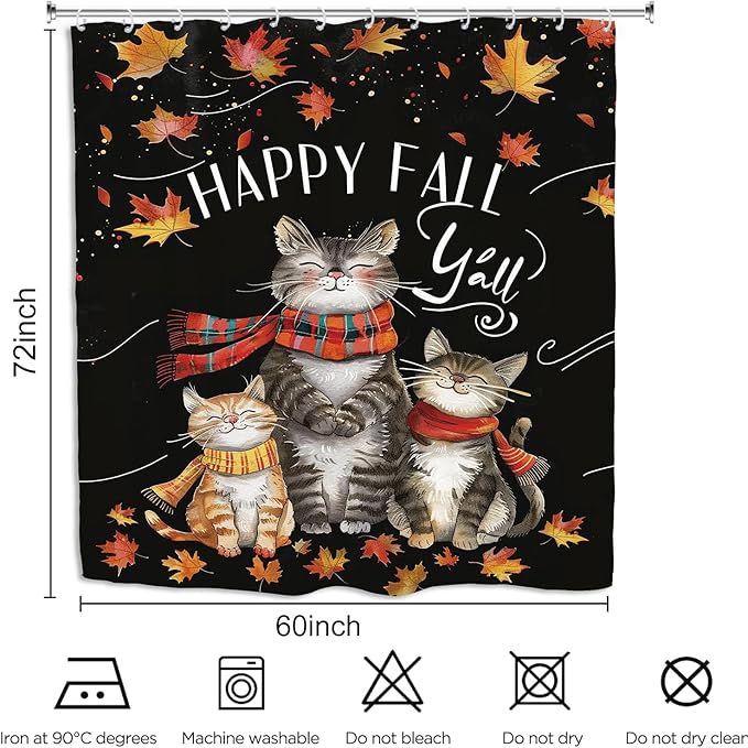Funny Cat Autumn Shower Curtain 60Wx72L Inch Fall Maple Harvest Thanksgiving Animal Cute Bathroom Set Accessories Decor with 12 Pack Hooks
