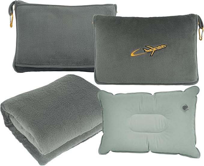 Travel Blanket Pillow- Premium Soft 300 GSM Thick 3 in 1 Airplane Blanket for Long Trips Essentials with Bag Pillowcase, Hand Luggage Sleeve and Backpack Clip (Grey)