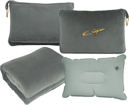 Travel Blanket Pillow- Premium Soft 300 GSM Thick 3 in 1 Airplane Blanket for Long Trips Essentials with Bag Pillowcase, Hand Luggage Sleeve and Backpack Clip (Grey)