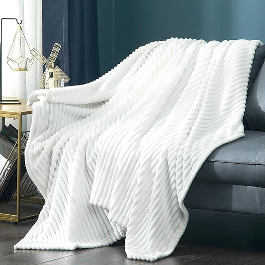 Vessia Flannel Fleece White Throw Blanket(50X70 Inch), Lightweight Warm and Soft Stripe Couch Blanket, Bed Blanket, Cozy Comfy Microfiber Ribbed Sofa Decor for All Season