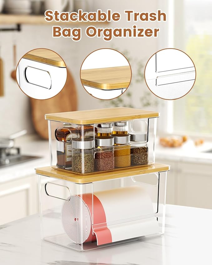 Trash Bag Dispenser 2-Pack, Stackable Trash Bag Holder with Bamboo Lid – Clear Plastic Garbage Bag Organizer for 4-33 Gal Bags, Space-Saving Under Sink Organizer for Kitchen, Laundry, Pantry