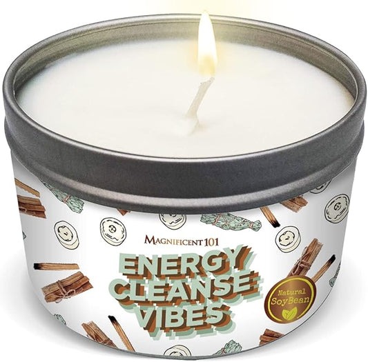 Magnificent 101 Long Lasting Energy Cleanse Vibes Candle | 6 Oz - 35 Hour Burn | All Natural Soy Wax Candle with Essential Oils for House Energy Cleansing & Manifestation | Let The Good Vibes in