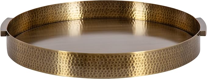 Kate and Laurel Samana Modern Glam Round Metal Tray, 17 Inch Diameter, Antique Brass, Circular Polished Decorative Tray with Hammered Surface and Minimalist Handles