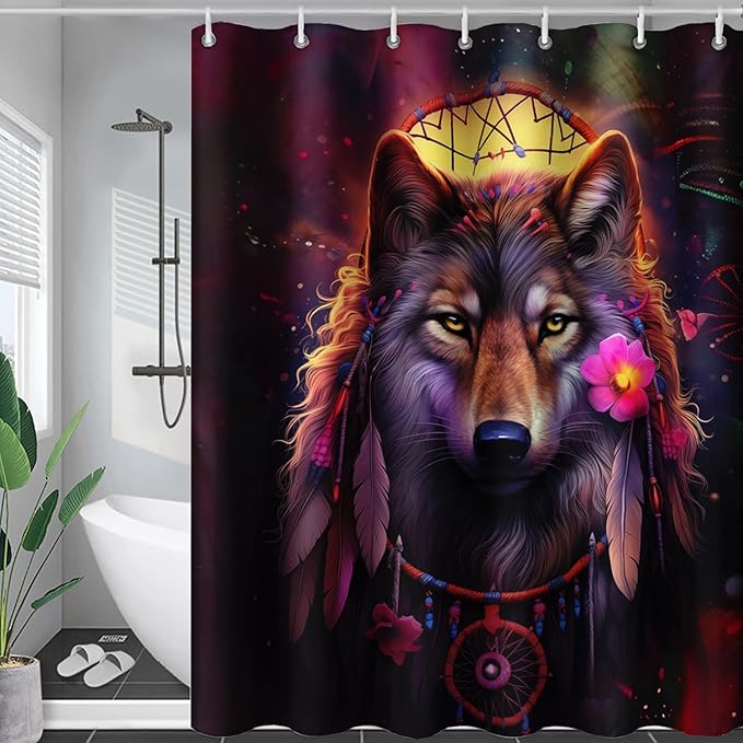 AILONEN 3D Wolf Dream Catcher Shower Curtain for Bathroom,Safari Wolf Printed Bath Curtain for Boys Men,Wildlife Decoration Shower Curtain Waterproof 72" W*84" H
