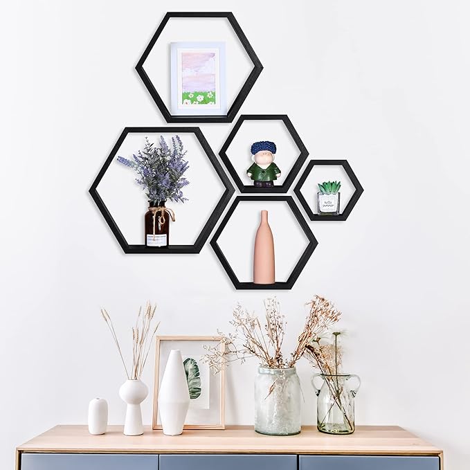 PHOENANCEE Hexagon Floating Shelves,Wall Mounted Wood Farmhouse Storage Honeycomb Wall Shelf Set of 5,for Bathroom, Kitchen, Bedroom, Living Room,Office,Home Room Wall Decor Driftwood Finish