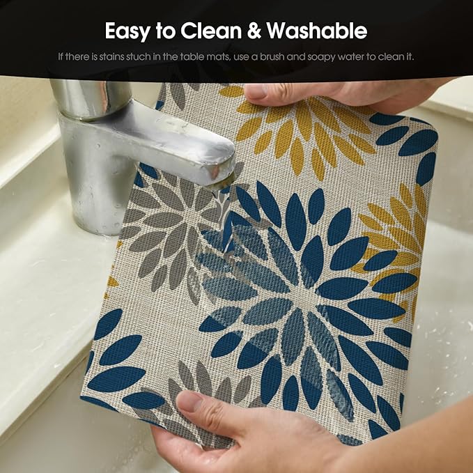 Artoid Mode Floral Vinyl Placemats Set of 6, Heat Resistant Washable Non-Slip Plistic PVC Place Mats for Party Kitchen Dining Decor, Blue Yellow