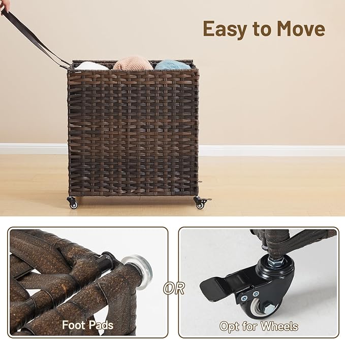 Laundry Hamper with Wheels, 39.6 Gallon(150L) Rolling Laundry Basket with Lid, 3-Section Rattan Clothes Hamper with 3 Removable Liner & 3 Mesh Bags, Laundry Sorter with Side Pocket, Brown