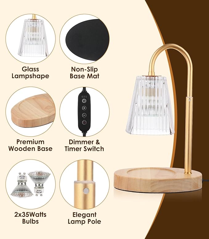 Candle Warmer Lamp With Timer - Electric Dimmer and Adjustable Height for Small Jar Scented Wax Melts - Includes 2 Bulbs for Home