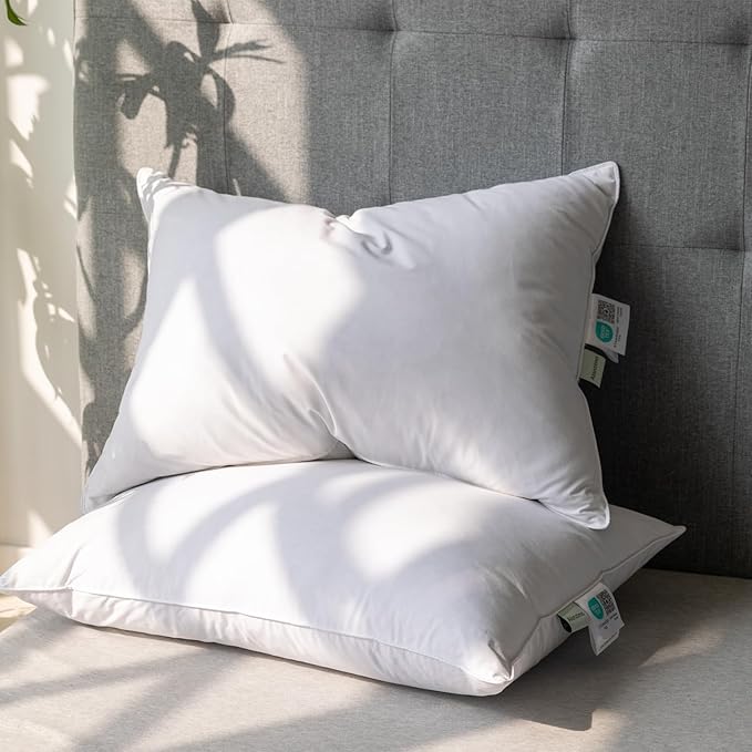 Alanzimo Medium Firm Feather Goose Down Pillows Cal King Size Set of 2, Luxury Feather Down Pillow for Sleeping, 600TC Organic Cotton Cover Hotel Collection Bed Pillows(White,20x40)