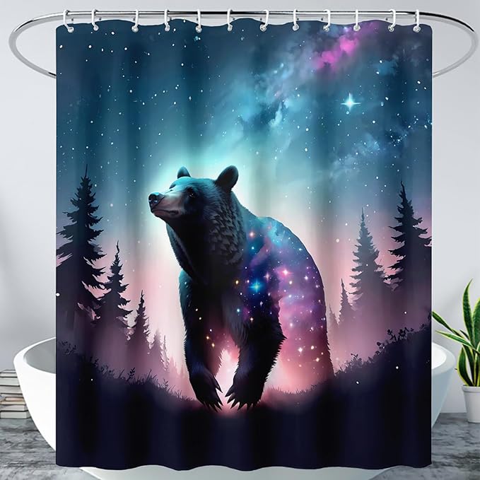 AILONEN 3D Bear Shower Curtain for Bathroom,Evening Starry Black Bear Printed Bath Curtain,Forest Wildlife Decoration Shower Curtain Waterproof 72" W*96" H