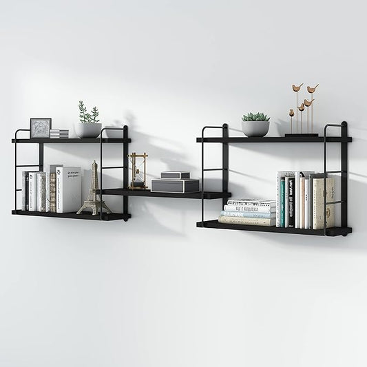 Wall Mounted Floating Shelves, Wall Shelves, Rustic Wall Decor Wood Shelves for Bedroom, Living Room, Bathroom and Kitchen Storage, Easy Installation (5, Black)