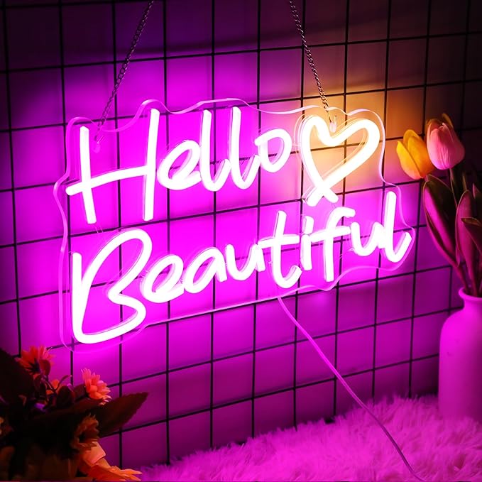 Hello Beautiful Neon Signs, Led Neon Light for Wall Decor for Bachelorette Party Birthday Engagement Party Wedding Decoration with Switch 16 x 8.9''(Pink + Warm White Heart)