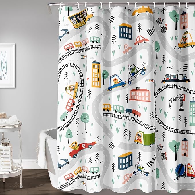 AILONEN Construction Truck Shower Curtain, Kids Cartoon Train Vehicle Tractor Cars Bath Curtain for Boys,White Road Map Bathroom Decor Waterproof Fabric 72" W*96" H Inch with 12 Plastic Hooks