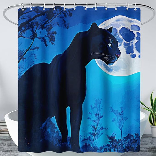 AILONEN Black Panther Shower Curtain,Evening Moon Leopard Bath Curtain for Women,Wildlife Cheetah Polyester Waterproof for Bathroom,48" W*72" H with 12 Plastic Hooks