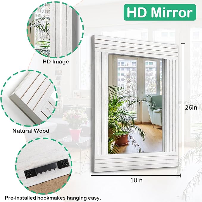 Large Rustic Wall Mirror, Rectangular Vintage Wood Framed Large Mirror Deco Farmhouse Living Room Bathroom Bedroom Entrance Mirror White 26" x 18"