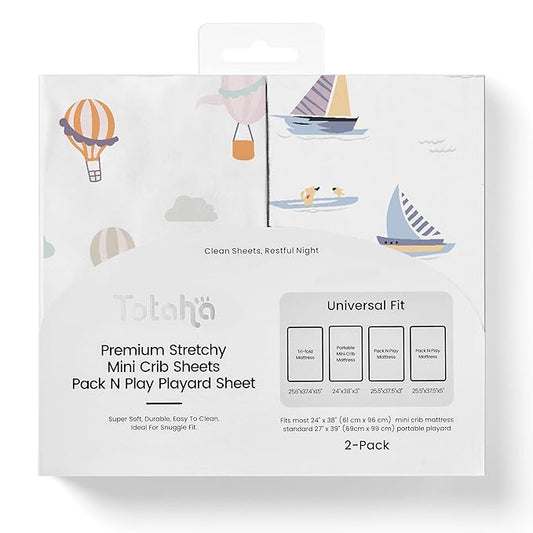 TotAha Premium Stretchy Pack N Play Playard Sheets | Mini Crib Sheets (2-Pack)-Hypoallergenic, Silky Comfort, Buttery Soft, Calming Effect, All-Season Jersey-Knit Sheets 38 X 24 (Balloon & Sailboat)