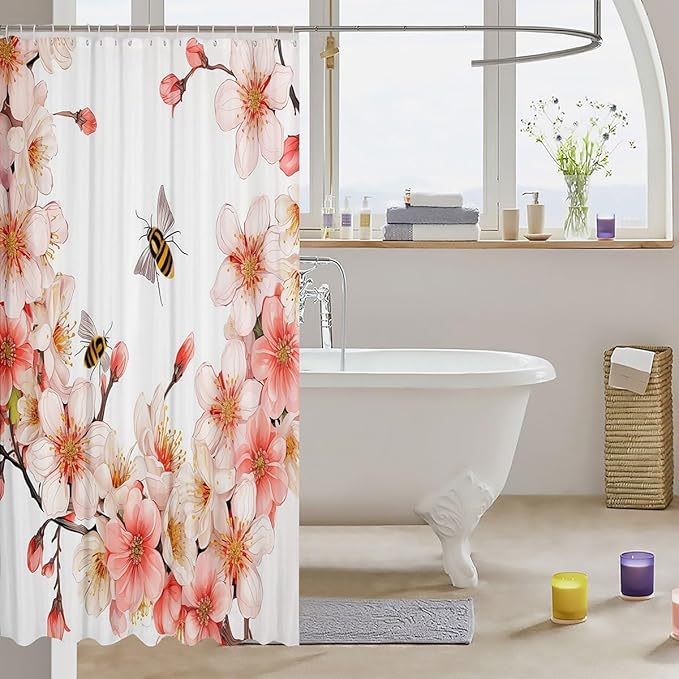 Feelyou Peach Blossom Shower Curtain Boys Girls Flower Floral Fabric Shower Curtain for Kids Honey Bathroom Waterproof Accessories with 12 Hooks Pink Curtains,72x72 Inches