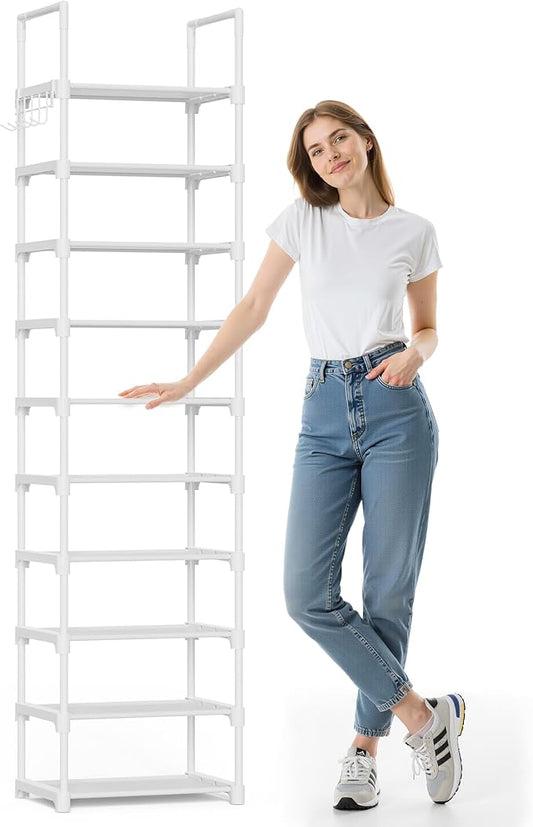 Kitsure Shoe Rack - 10-Tier Shoe Organizer with Detachable Fabric Shelves & Thick Metal Frame, Easy-to-Assemble Tall Shoe Rack for Closet, Entrance, Living Room, 16.9" × 11.8" × 68.5", White