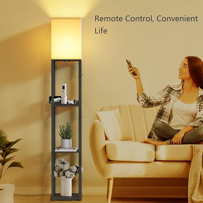 SUNMORY Shelf Lamp with Remote Control, Stepless Color Temperature & Dimmable, Floor Lamp with Shelves with 2 Usb Charging Ports and 2-Hole Socket, Solid Wood Tall Lamps for Living Room, Bedroom，Black
