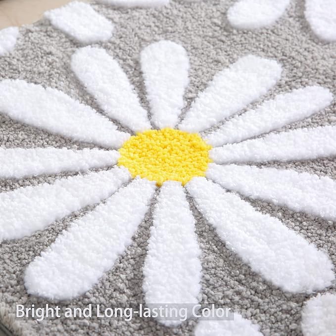 QJHOMO Gray Bathroom Rugs Cute Daisy Bath Mat White and Yellow Flower Decor Rug Non Slip Floor Carpet Microfiber Bathmat Super Absorbent Machine Washable Bathtub Mats for Shower (20x32 inch)
