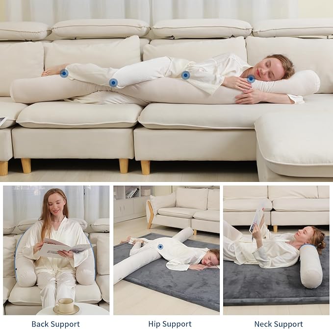 Long Body Pillow for Adults,Full Body Pillow with Velvet Pillowcase,Round Bolster Pillow for Sleeping,Hug Pillow(Beige,75×6 inch)