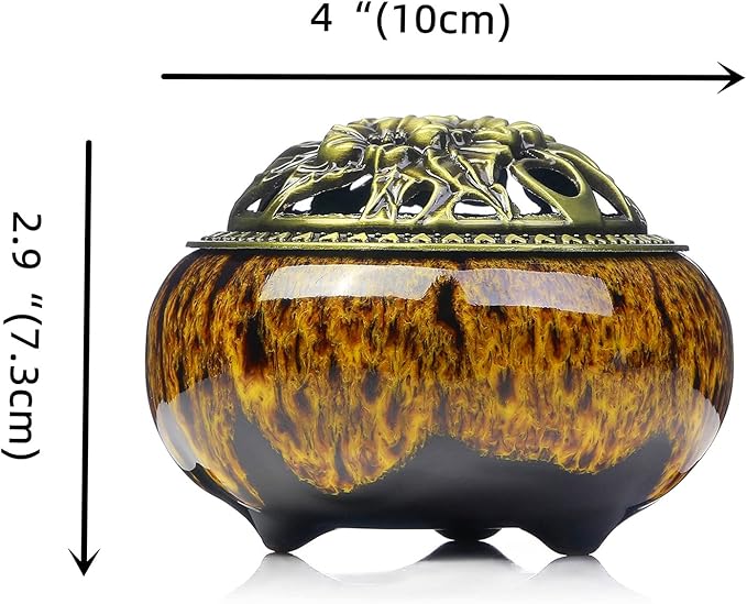 Incense Burner with Calabash Incense Stick Holder - Porcelain Charcoal Censer for Use with Resin Granular Powder Cone or Coil Incense (Kiln-Colored Yellow)