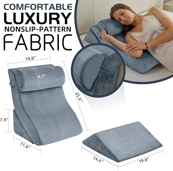 Qirroboni 4PCS Orthopedic Bed Wedge Pillow Set, Adjustable Pillows for Neck, Back and Leg Pain Relief Comfortable & Post Surgery Foam - Heartburn, Anti Snoring, Acid Reflux & GERD Sleeping Navy