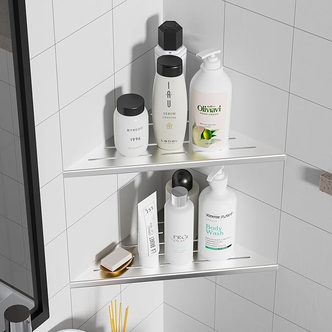Neodrain 10" Brushed Corner Wall Shelf Set of 2, Floating Corner Shelves for Wall, 304 Stainless Steel Shower Storage Shelves for Bathroom, No Drilling