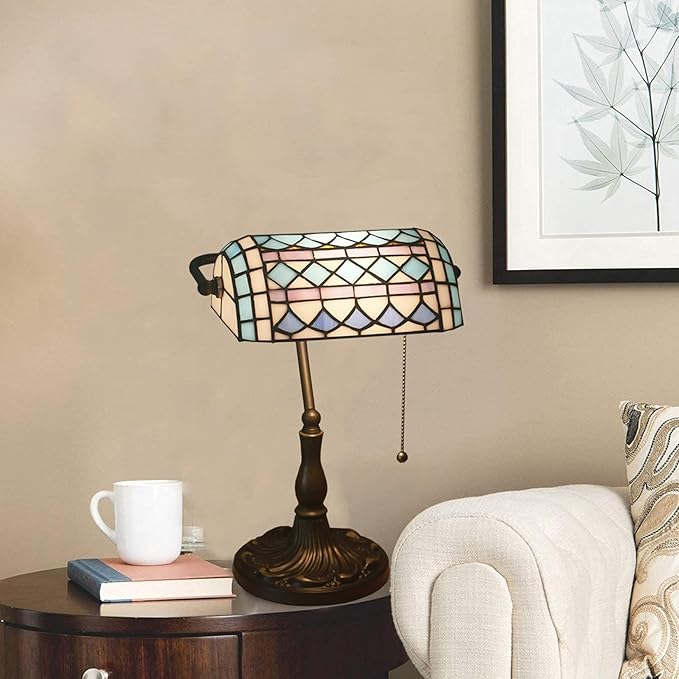 Tiffany Style Bankers Table Lamp Stained Glass Piano Desk Lamp Vintage Bedroom Bedside Lamp for Study,Antique Alloy Base,Zipper Switch,Blue Mediterranean