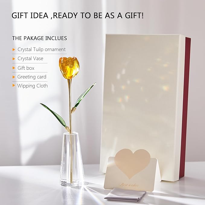 Crystal Tulip Flowers Figurine Collectible- Glass Flowers with Vase,Glass Flower Bouquet Paperweight,Gift for Anniversary Wedding Centerpiece Ornament（Yellow）