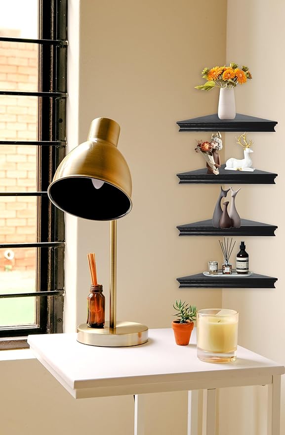 Corner Floating Shelf for Wall Set of 4,Triangular Corner Shelves Wall Mounted for Bedroom,Living Room,Bathroom,Kitchen-Black