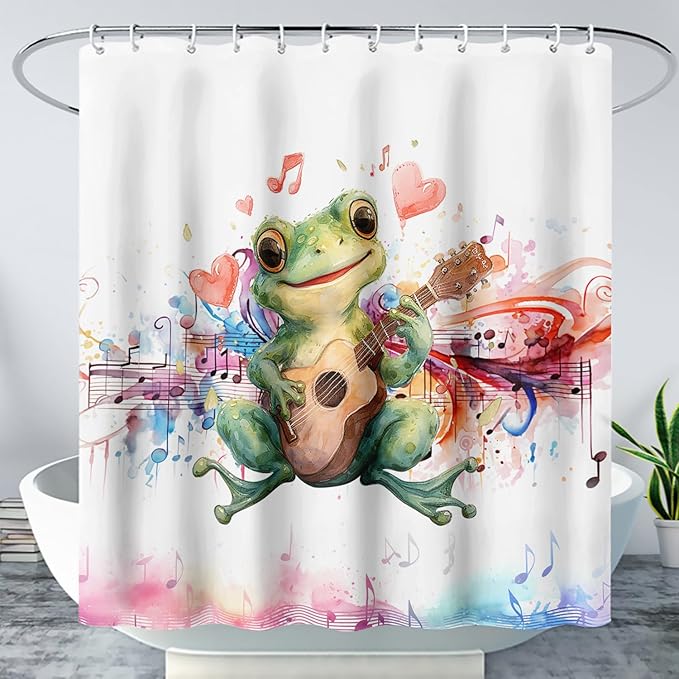 AILONEN Cartoon Frog Shower Curtain,Green Guitar Frog Bathroom Curtain for Kids Boys Girls,Kawaii Forg Animal Shower Curtains for Bathroom,Tie-Dye Theme Bathroom Curtain,72" W*72" H
