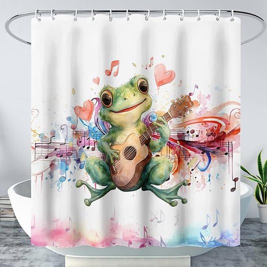 AILONEN Cartoon Frog Shower Curtain,Green Guitar Frog Bathroom Curtain for Kids Boys Girls,Kawaii Forg Animal Shower Curtains for Bathroom,Tie-Dye Theme Bathroom Curtain,72" W*72" H