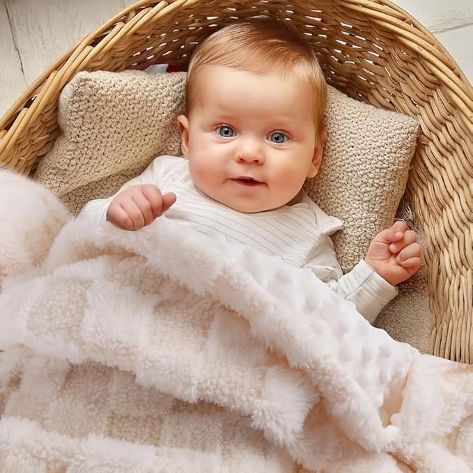 Soft Checkered Baby Blankets for Unisex Girls or Boys Breathable Gender Neutral Nursery Double Layer Blankets with Dotted Backing for Newborn Toddlers (30??X 40??